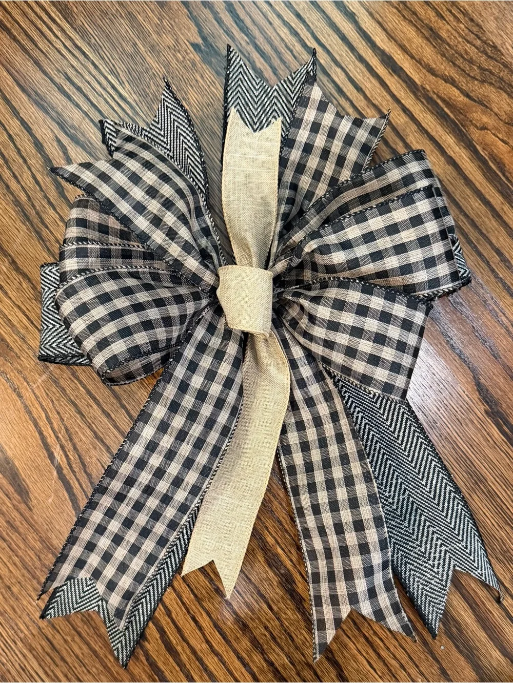 Black & Beige Gingham Decorative Bow with Chevron Accents